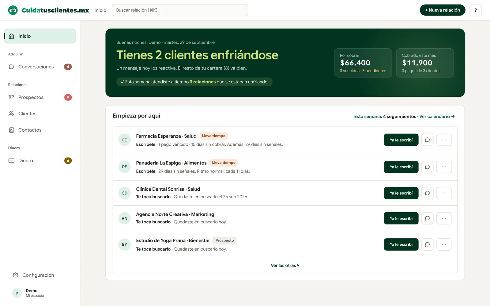 Pantalla de CuidaTusClientes: lo abres y ya sabes a quién le toca hoy