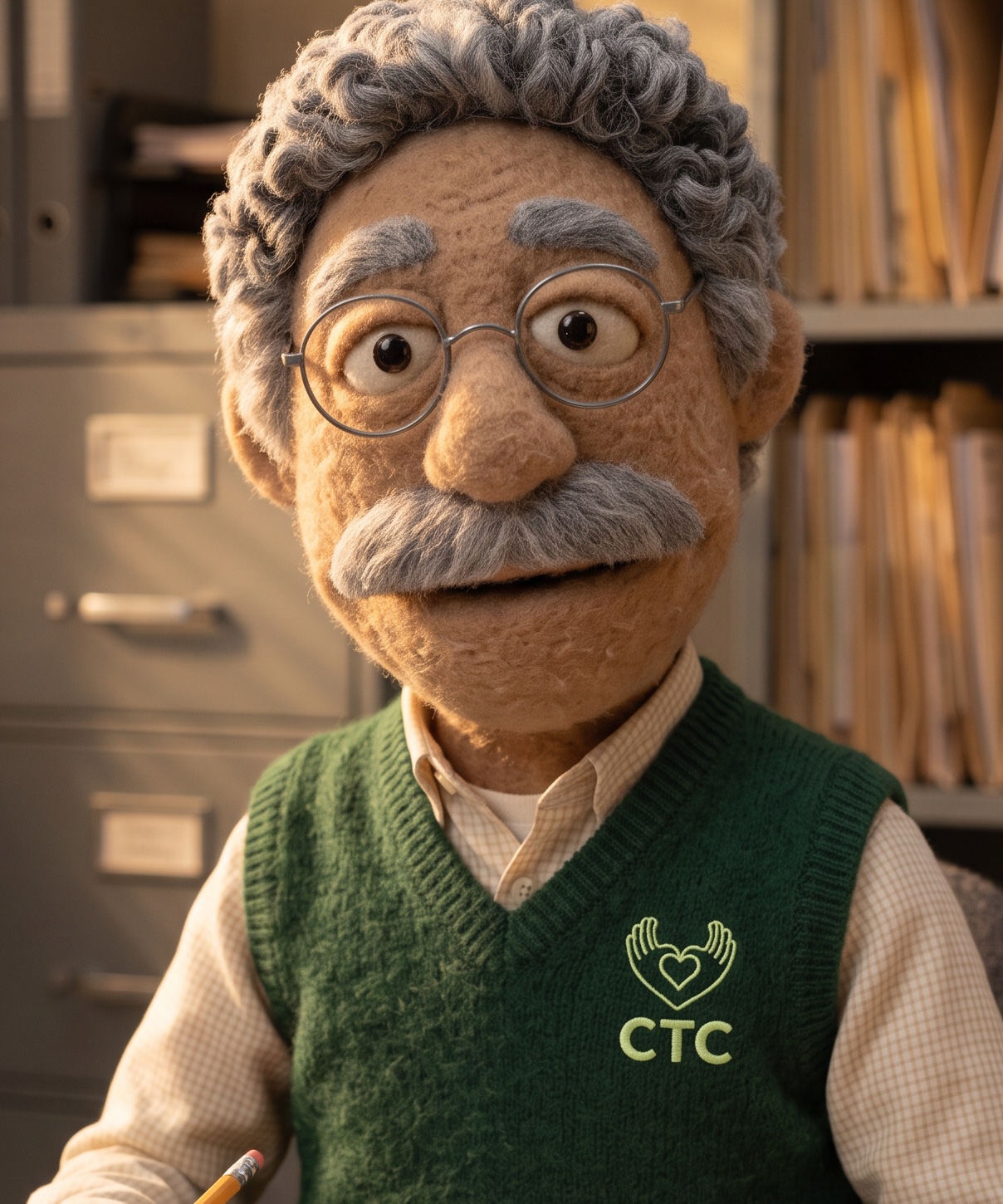 Retrato de Pepe, títere de fieltro con chaleco verde y lentes redondos